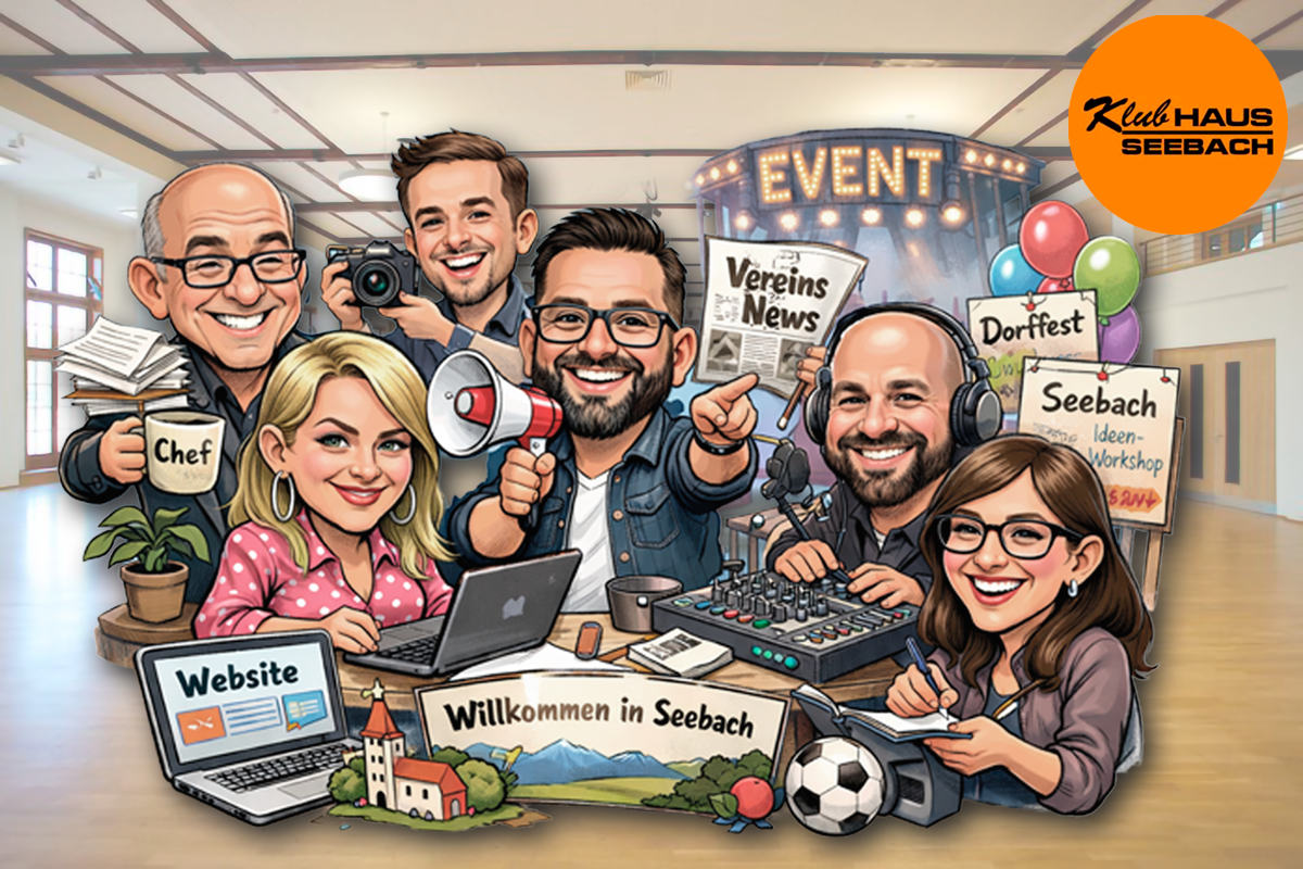 Karikatur des Klubhaus-Teams bei der Veranstaltungsarbeit
